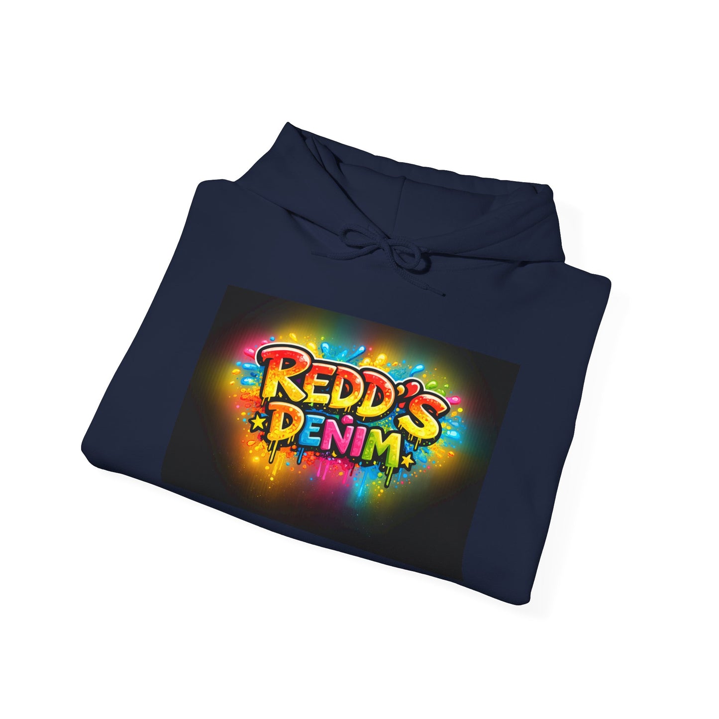 Redd's Denim Graphic Hoodie — Colorful Streetwear Logo with Flame Sleeve