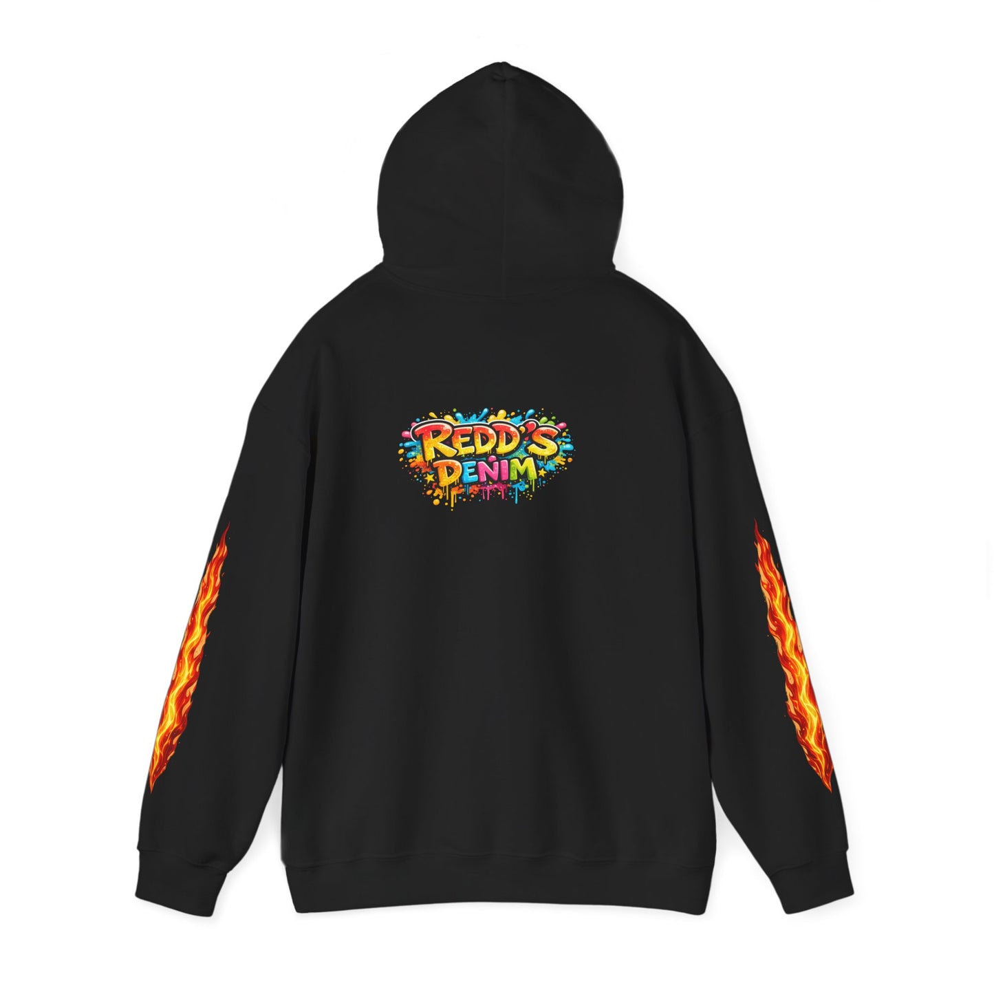 Redd's Denim Graphic Hoodie — Colorful Streetwear Logo with Flame Sleeve
