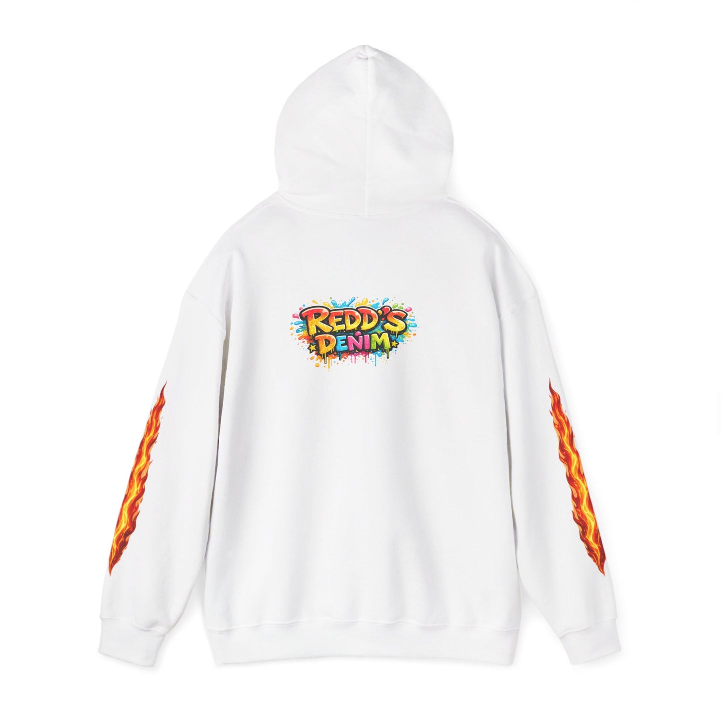 Redd's Denim Graphic Hoodie — Colorful Streetwear Logo with Flame Sleeve