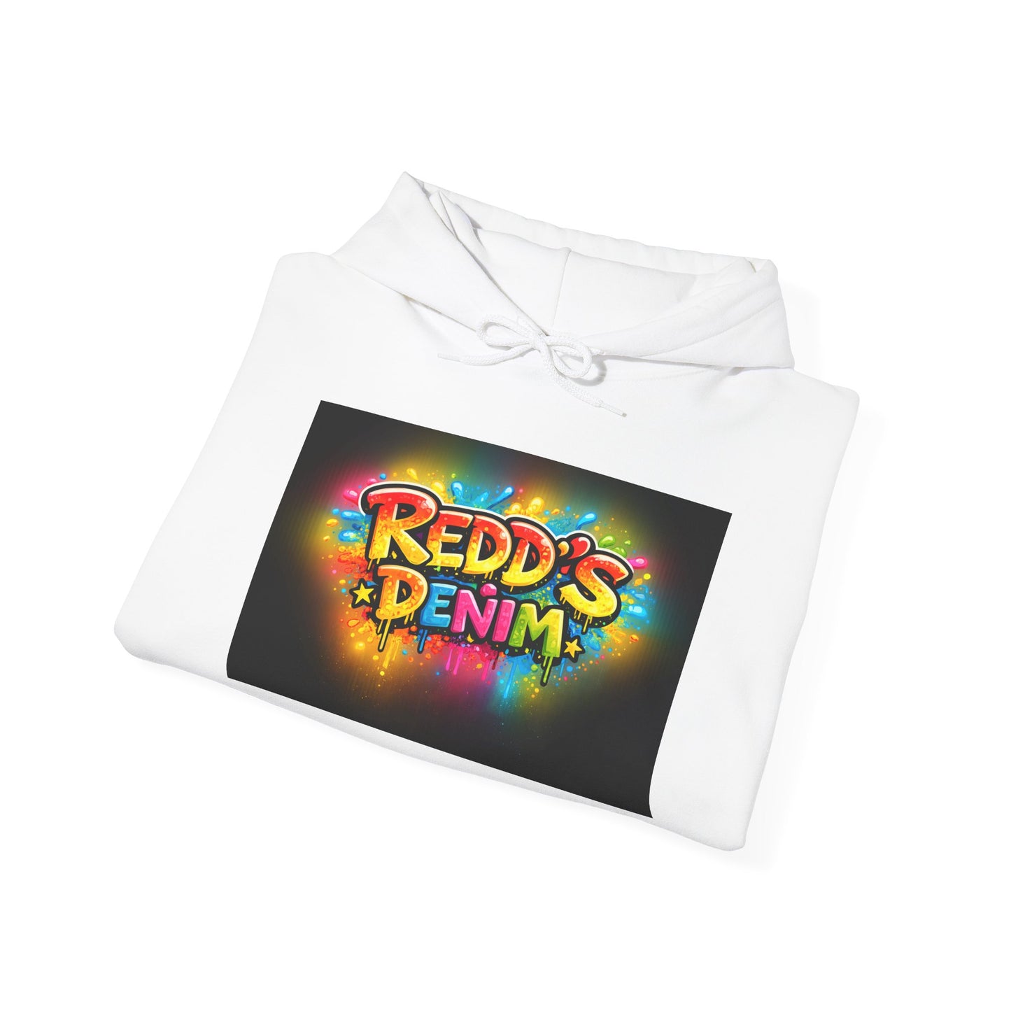 Redd's Denim Graphic Hoodie — Colorful Streetwear Logo with Flame Sleeve