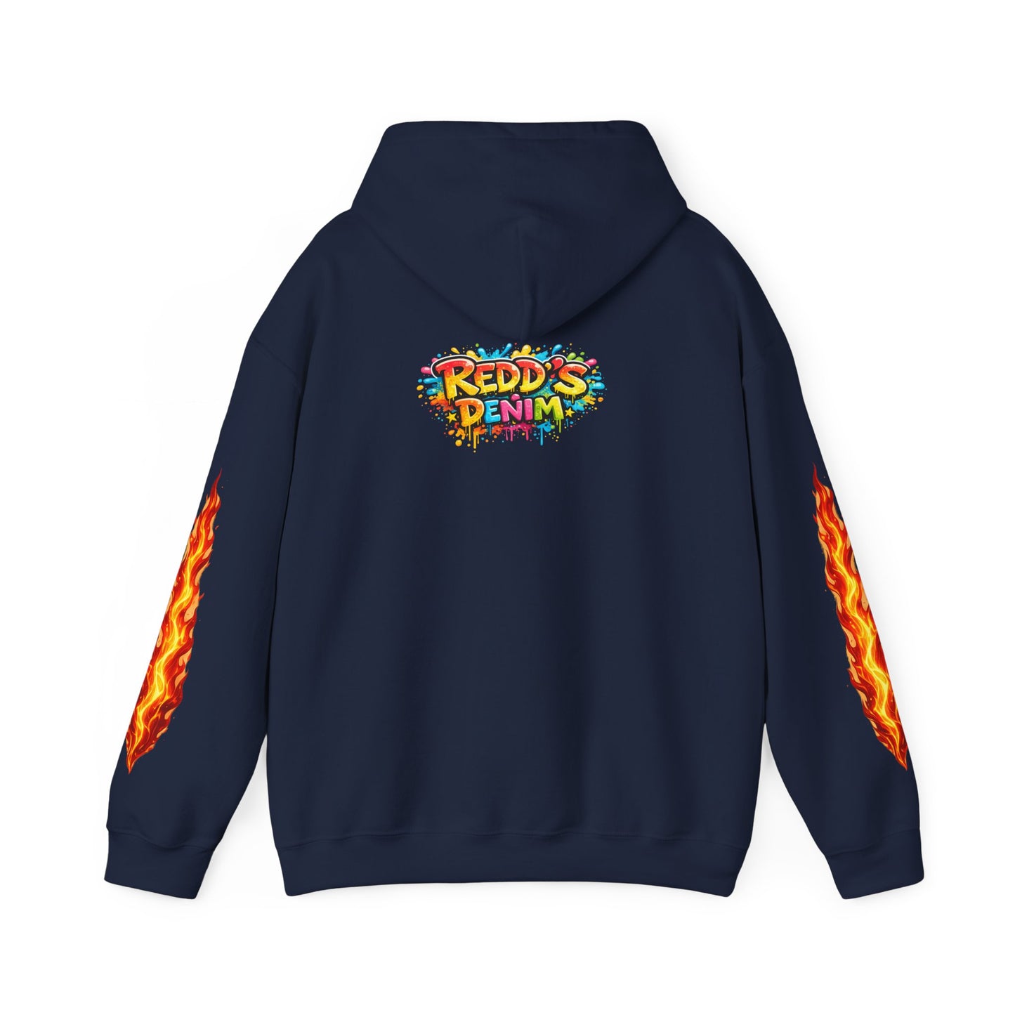 Redd's Denim Graphic Hoodie — Colorful Streetwear Logo with Flame Sleeve