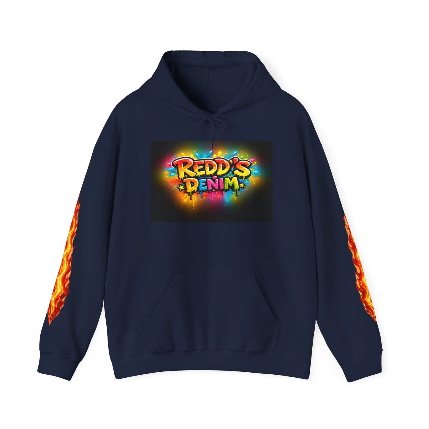 Redd's Denim Graphic Hoodie — Colorful Streetwear Logo with Flame Sleeve