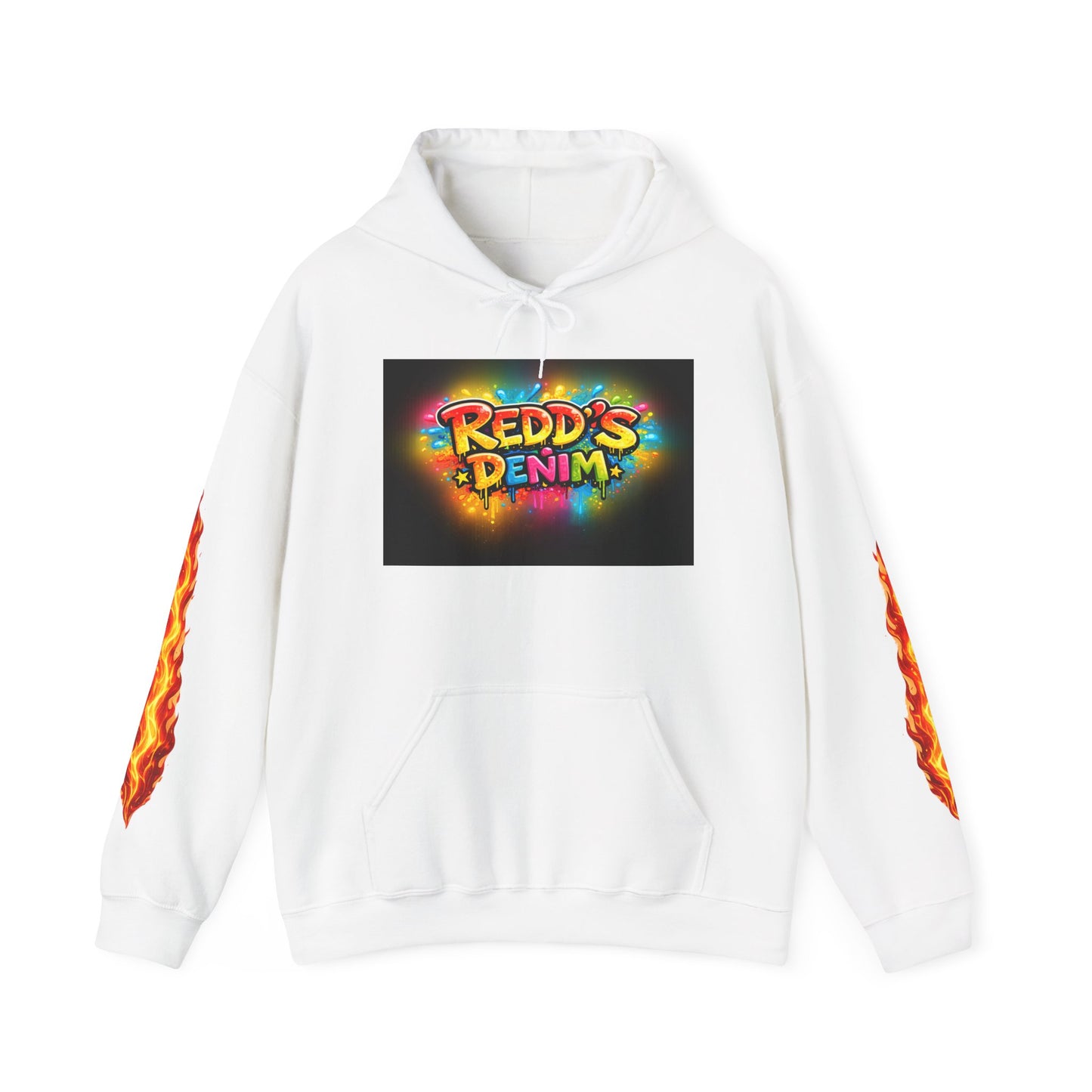 Redd's Denim Graphic Hoodie — Colorful Streetwear Logo with Flame Sleeve