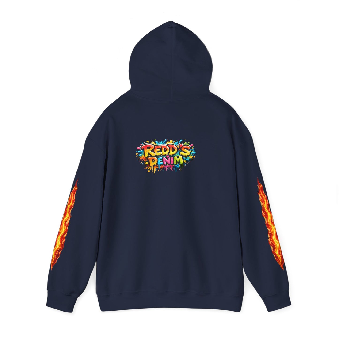 Redd's Denim Graphic Hoodie — Colorful Streetwear Logo with Flame Sleeve