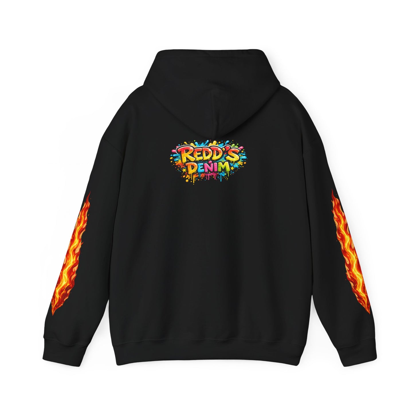 Redd's Denim Graphic Hoodie — Colorful Streetwear Logo with Flame Sleeve
