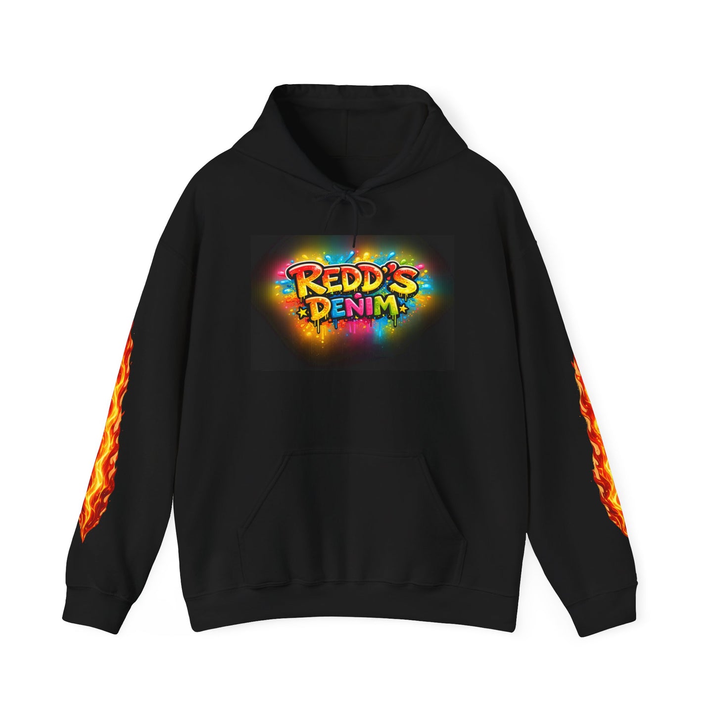 Redd's Denim Graphic Hoodie — Colorful Streetwear Logo with Flame Sleeve